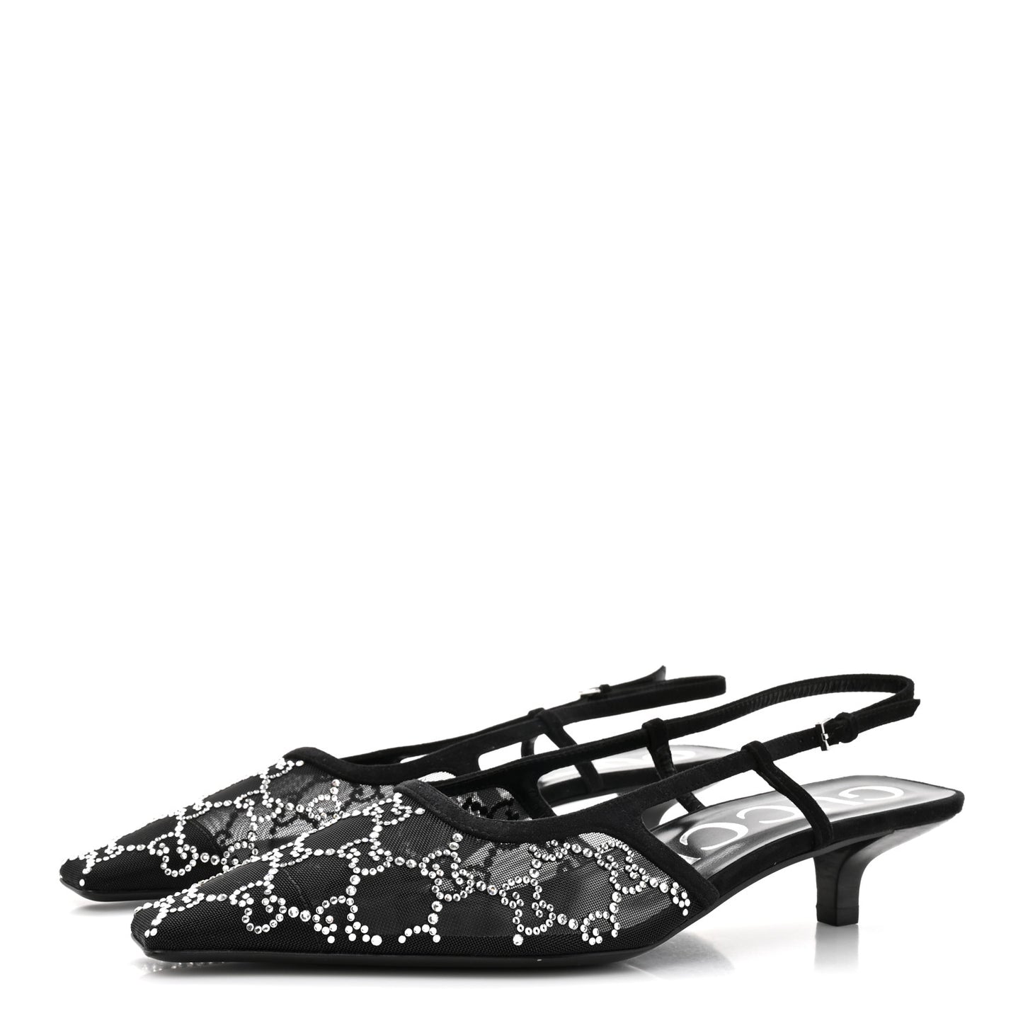 Tela Retino Kid Scamosciato Crystal GG Monogram Square G 35mm Slingback Pumps 38.5 Black