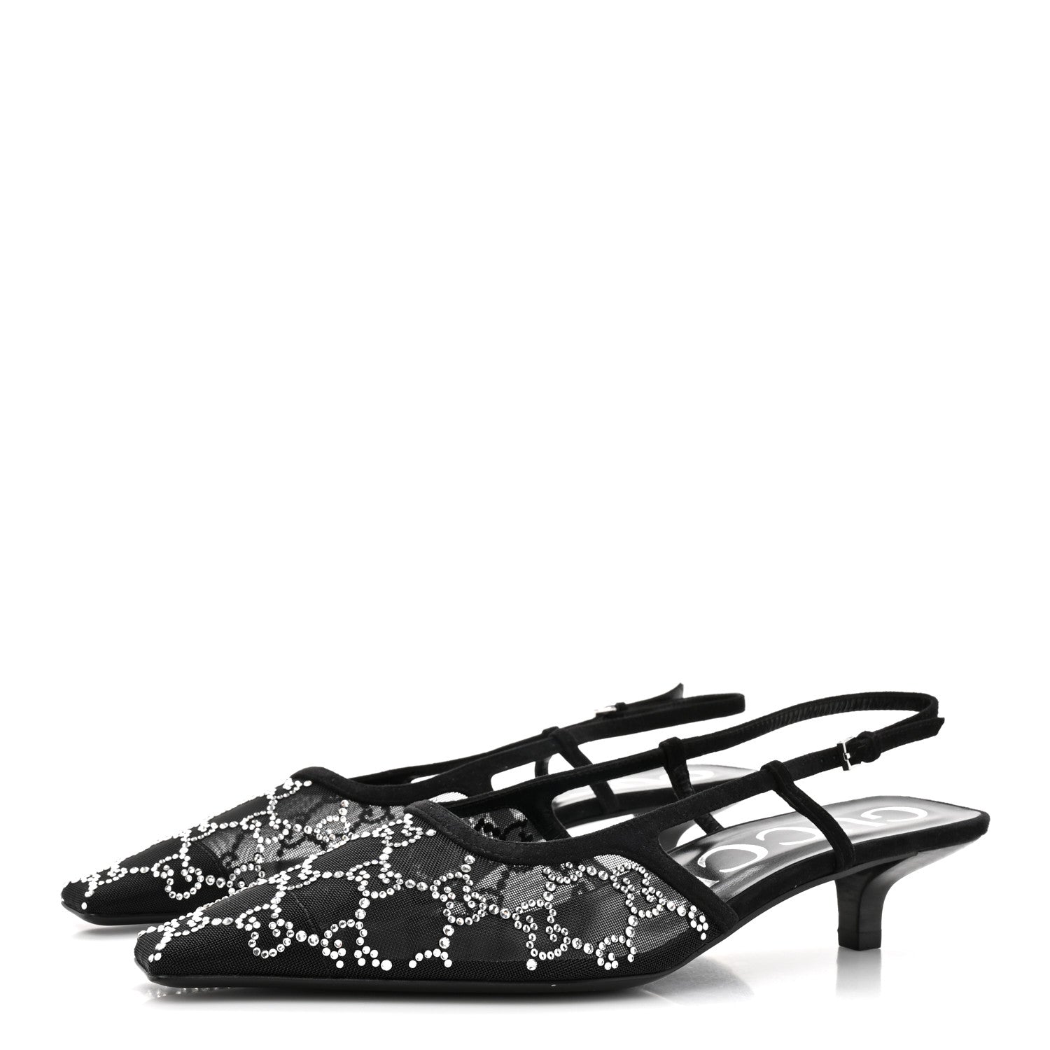 Gucci Tela Retino Kid Scamosciato Crystal GG Monogram Square G 35mm Slingback Pumps 38.5 Black 4 of 9
