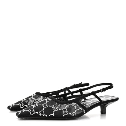 Gucci Tela Retino Kid Scamosciato Crystal GG Monogram Square G 35mm Slingback Pumps 38.5 Black 4 of 9