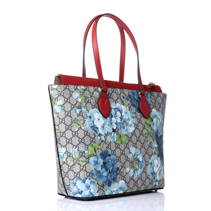 Gucci GG Supreme Monogram Blooms Medium Zippered Bucket Tote Beige Blue Navy Hibiscus Red 3 of 10