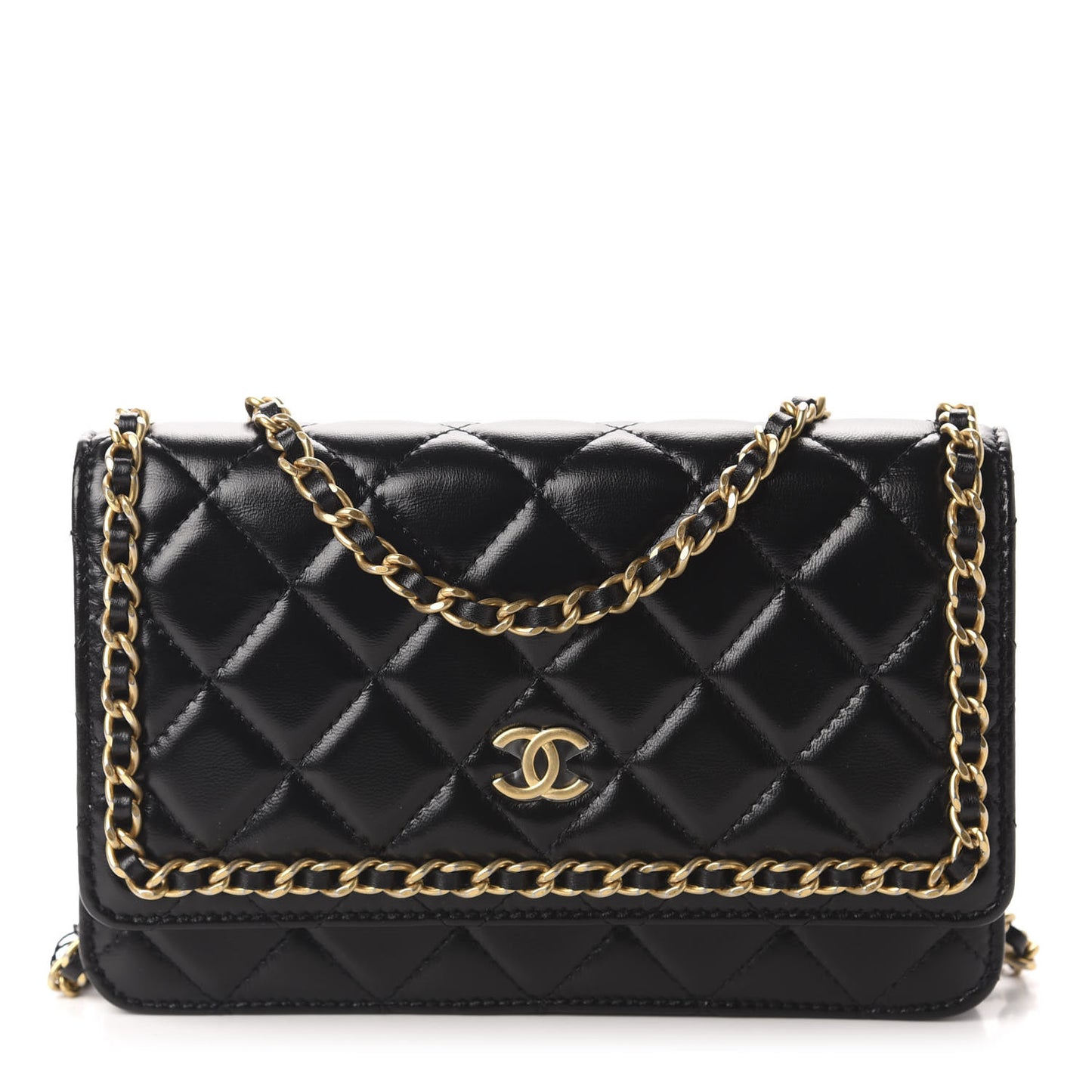 Lambskin Quilted Running Chain Wallet On Chain WOC Black