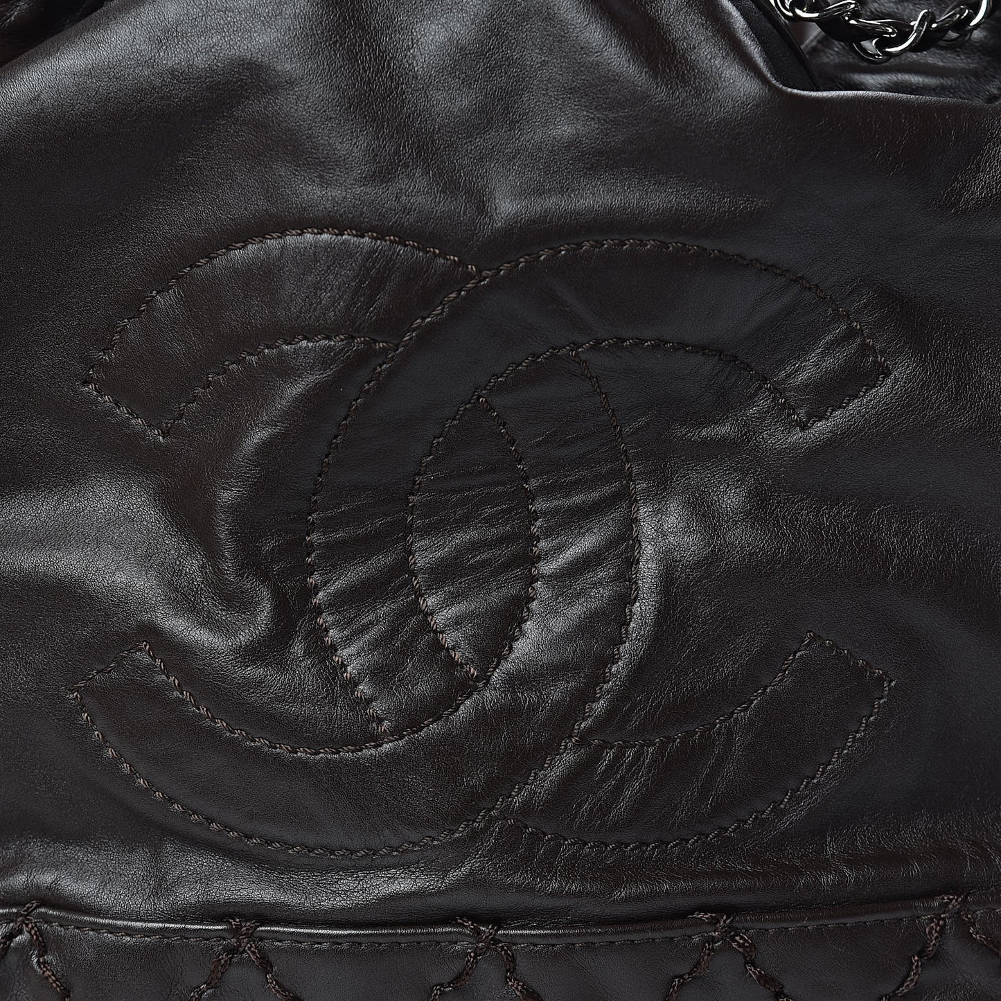 Calfskin Drawstring CC Bucket Bag Dark Brown