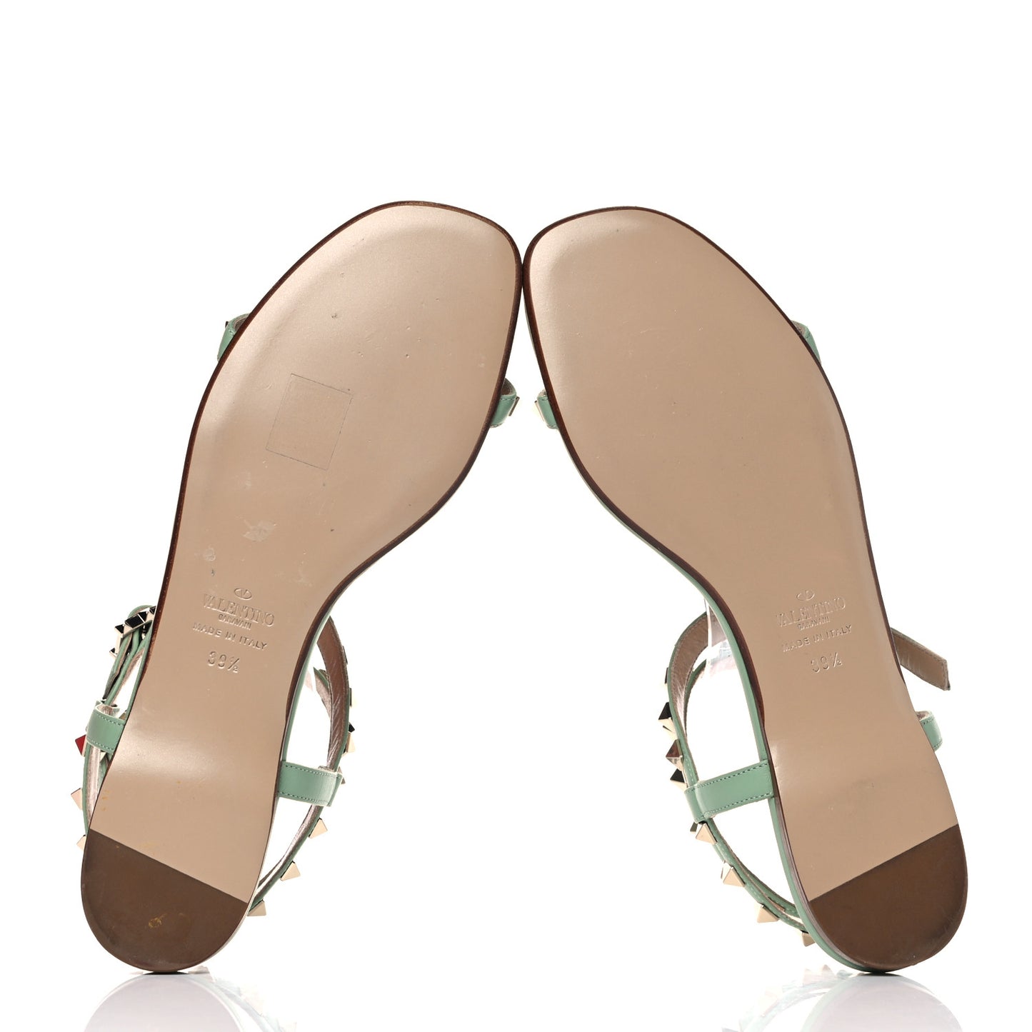 Calfskin Rockstud Ankle T-Strap Flat Sandals 39.5 Powder Green