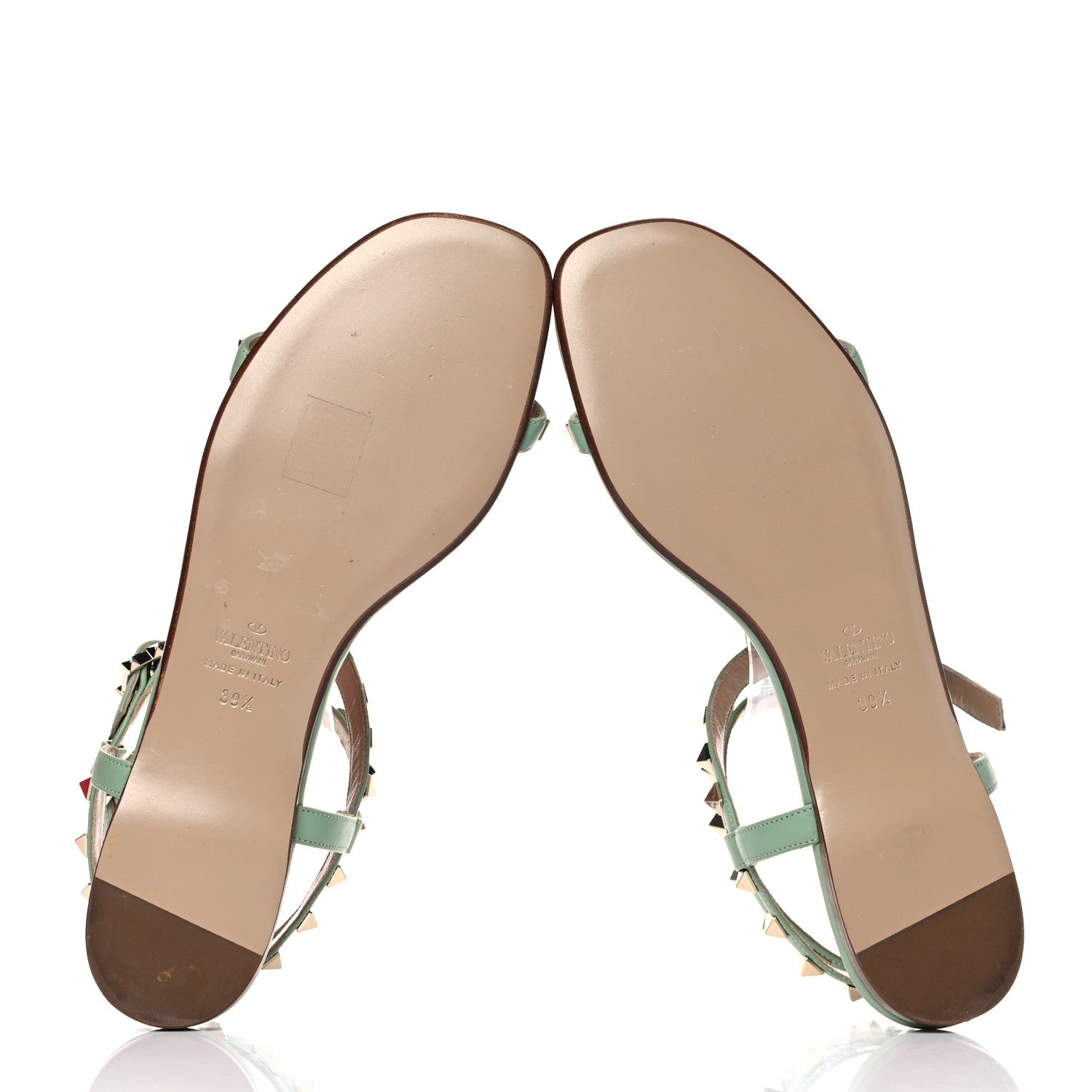 Valentino Garavani Calfskin Rockstud Ankle T-Strap Flat Sandals 39.5 Powder Green 5 of 13