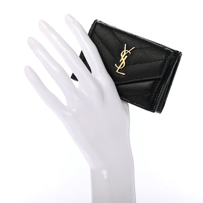 Saint Laurent Grain De Poudre Matelasse Chevron Monogram Compact Tri Fold Pocket Wallet Black 2 of 7