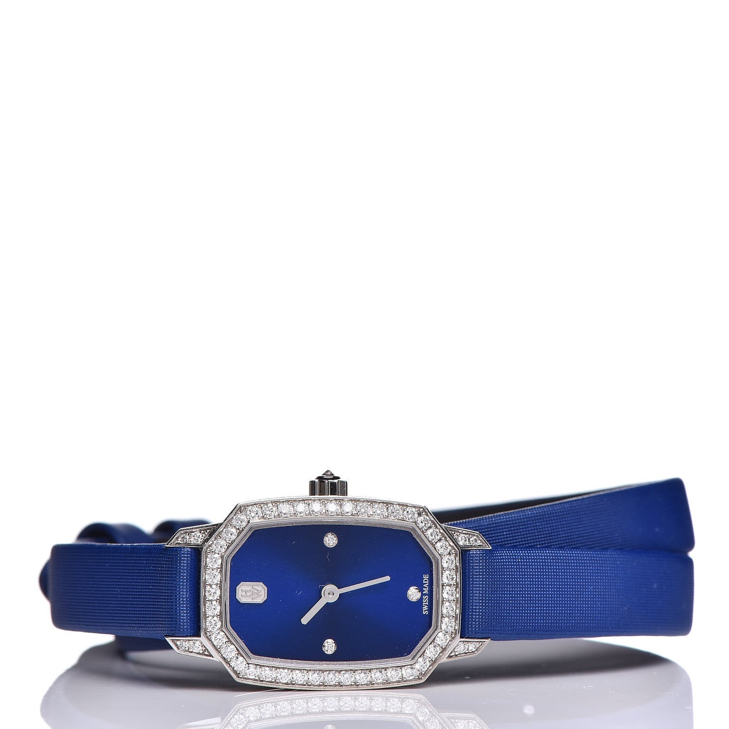 18K White Gold Satin Diamond Bezel 17mm Emerald Quartz Watch Blue