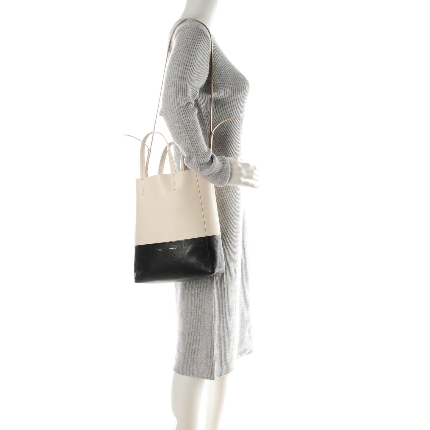 Grained Calfskin Small Vertical Bi-Cabas Cream Black
