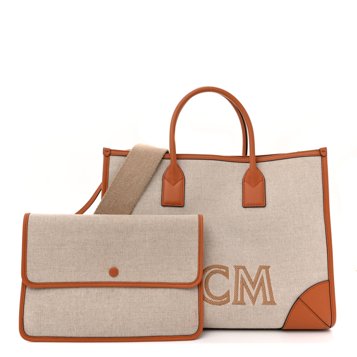 MCM Calfskin Linen Large Munchen Tote Cognac 3 of 15