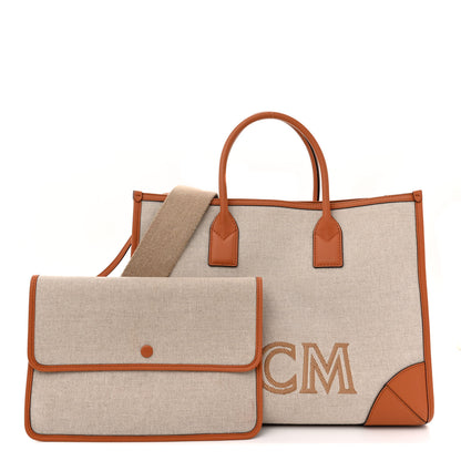 MCM Calfskin Linen Large Munchen Tote Cognac 3 of 15