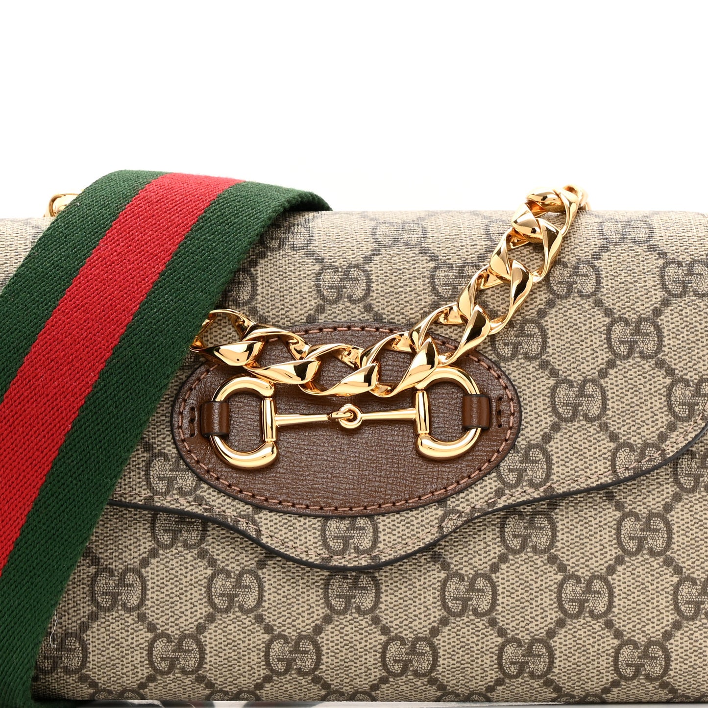 GG Supreme Monogram Azalea Calfskin Web Mini Horsebit 1955 Chain Shoulder Bag Beige Ebony Brown Sugar