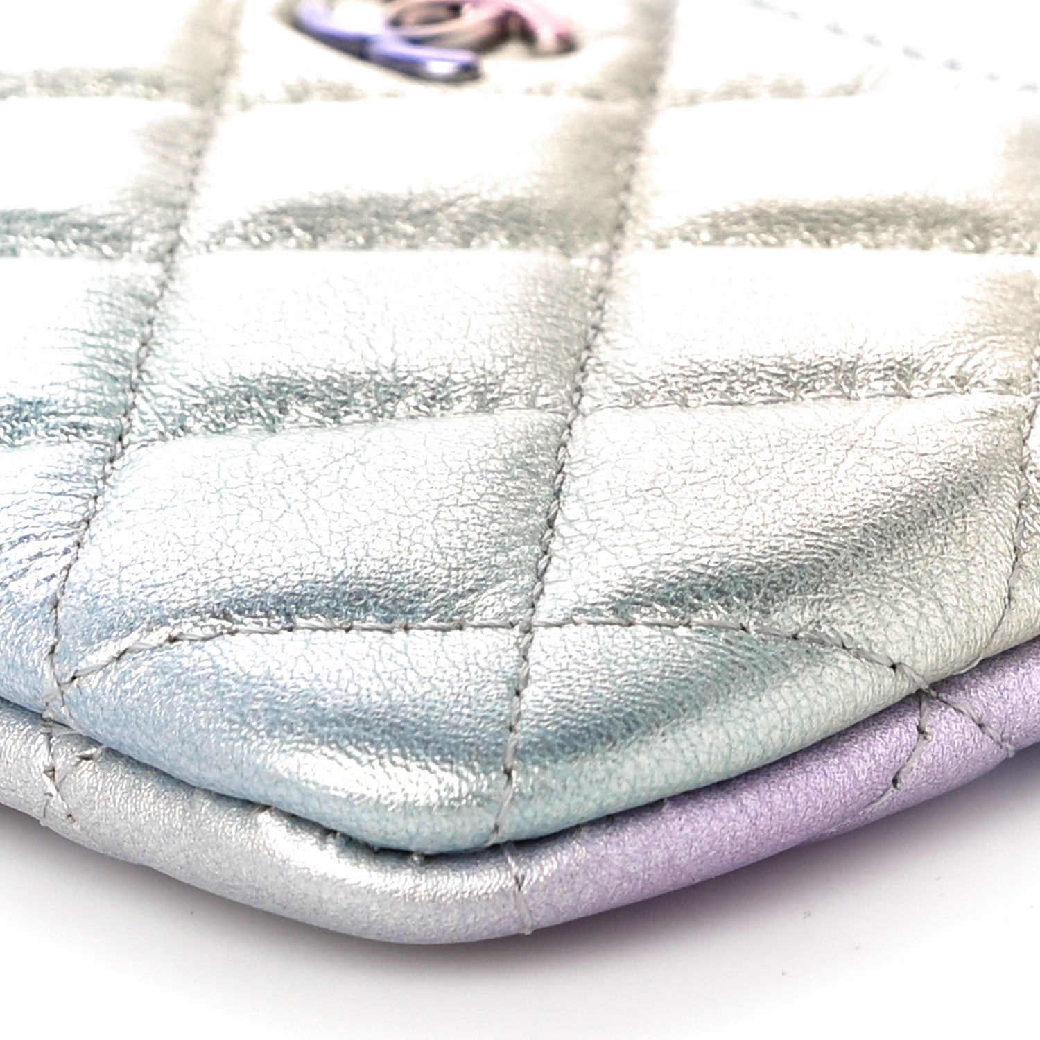 Chanel Gradient Metallic Calfskin Quilted Small Cosmetic Pouch Silver Blue Yellow Purple 10 of 11