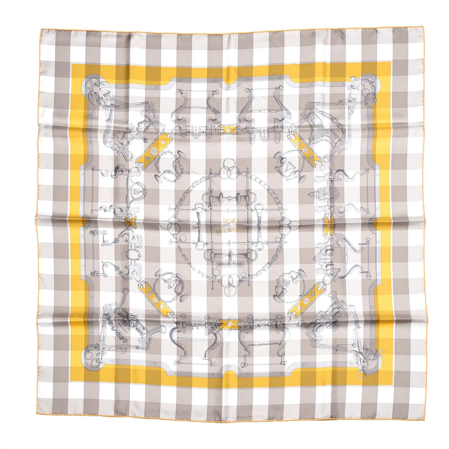 Silk Mors et Gourmettes Vichy Scarf 90 Etoupe Jaune Vif White