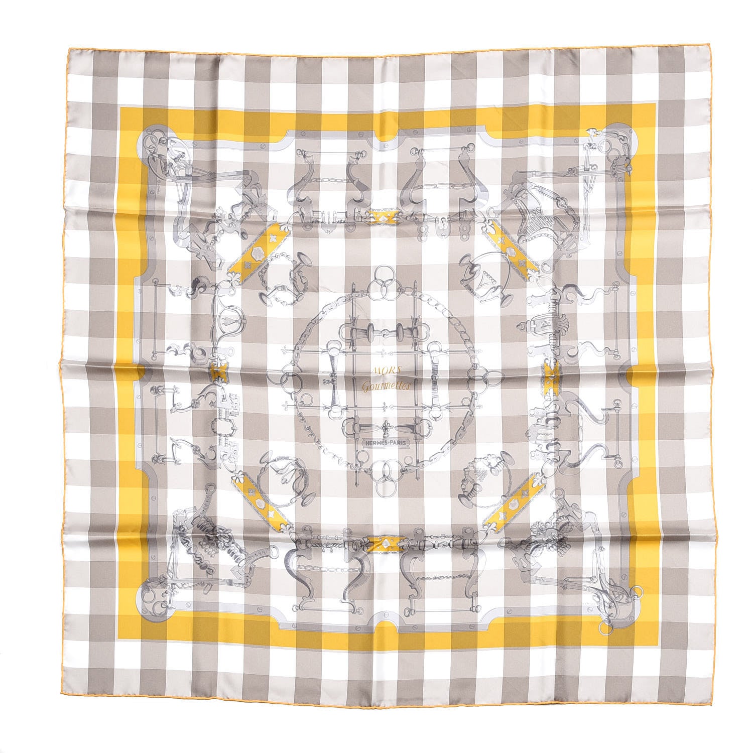 Hermes Silk Mors et Gourmettes Vichy Scarf 90 Etoupe Jaune Vif White 1 of 4
