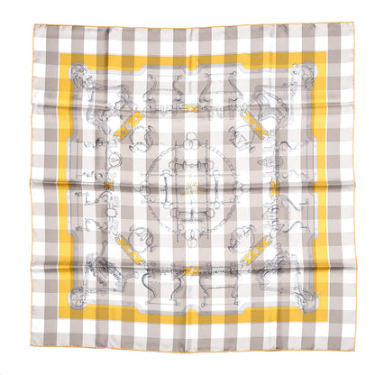 Hermes Silk Mors et Gourmettes Vichy Scarf 90 Etoupe Jaune Vif White 1 of 4