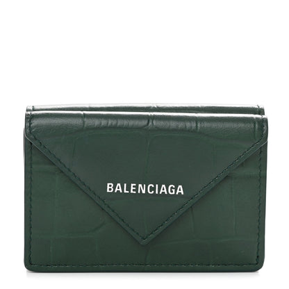 Balenciaga Calfskin Crocodile Embossed Mini Papier Wallet Dark Green 1 of 11