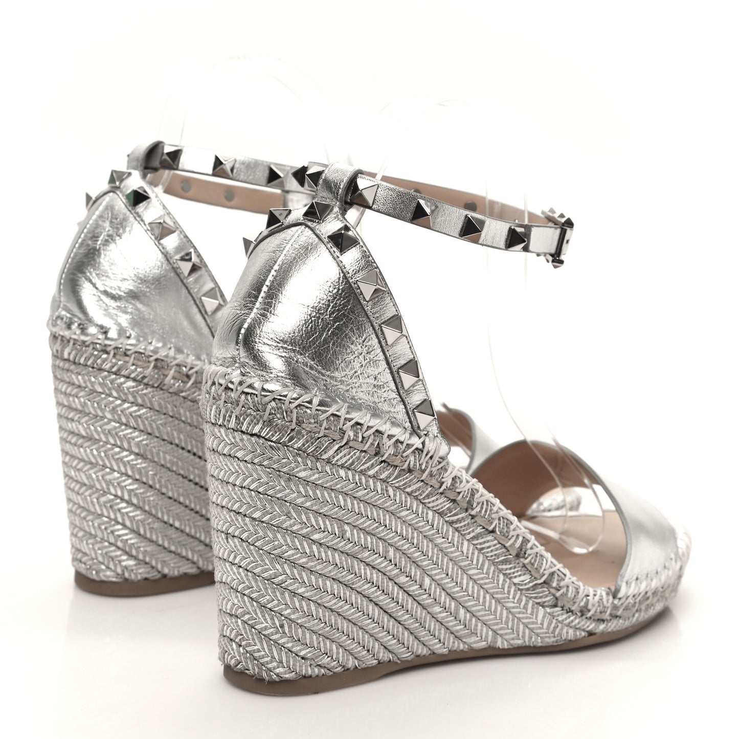 Metallic Grained Calfskin Rockstud Crisscross Ankle Strap Espadrille Wedge Sandals 40 Silver