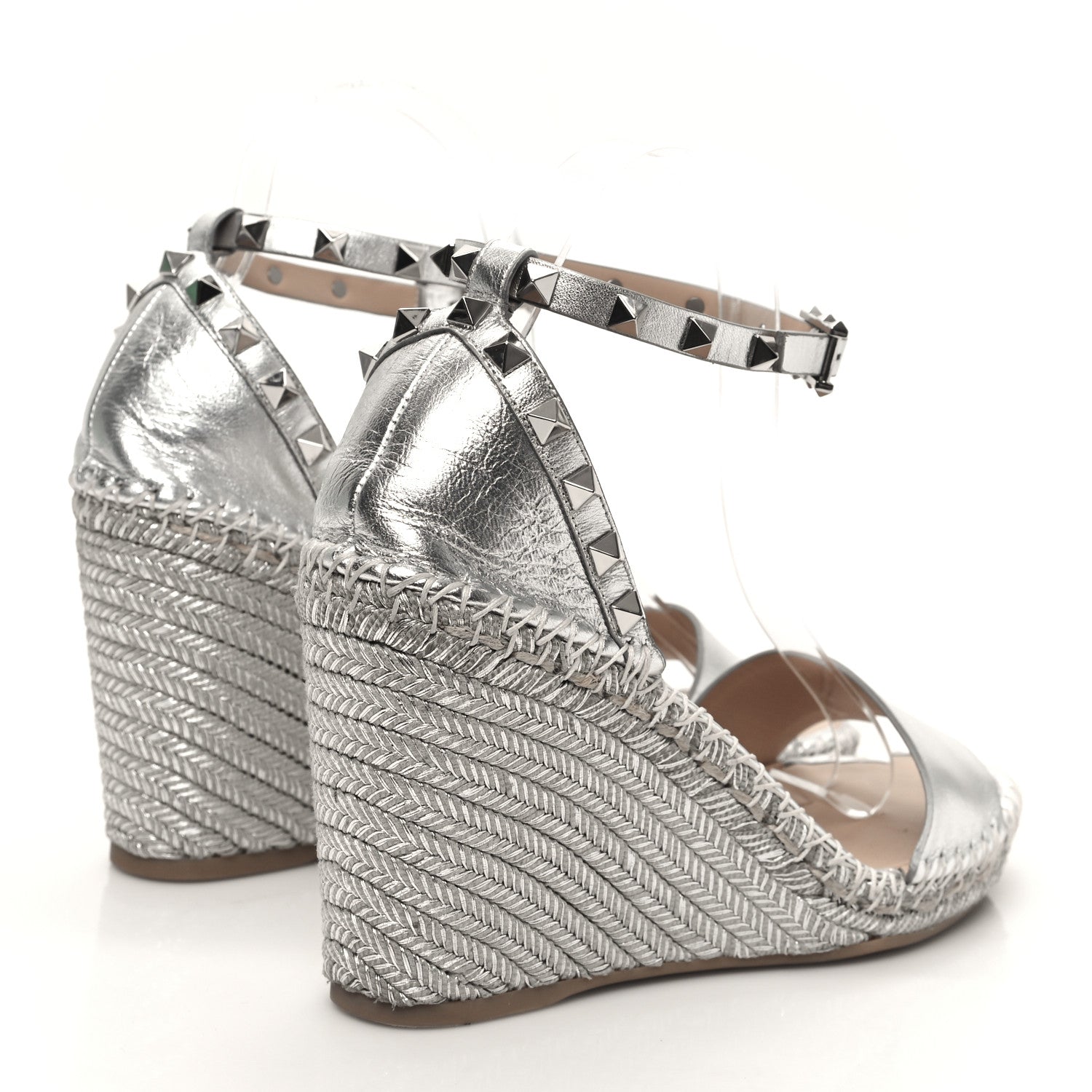 Valentino Garavani Metallic Grained Calfskin Rockstud Crisscross Ankle Strap Espadrille Wedge Sandals 40 Silver 5 of 9