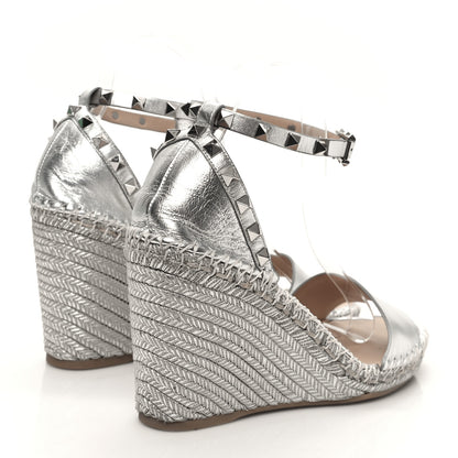 Valentino Garavani Metallic Grained Calfskin Rockstud Crisscross Ankle Strap Espadrille Wedge Sandals 40 Silver 5 of 9