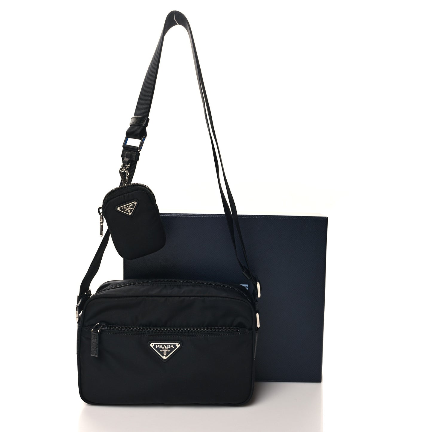 Re-Nylon Vela Saffiano Pocket Double Zip Shoulder Bag Black