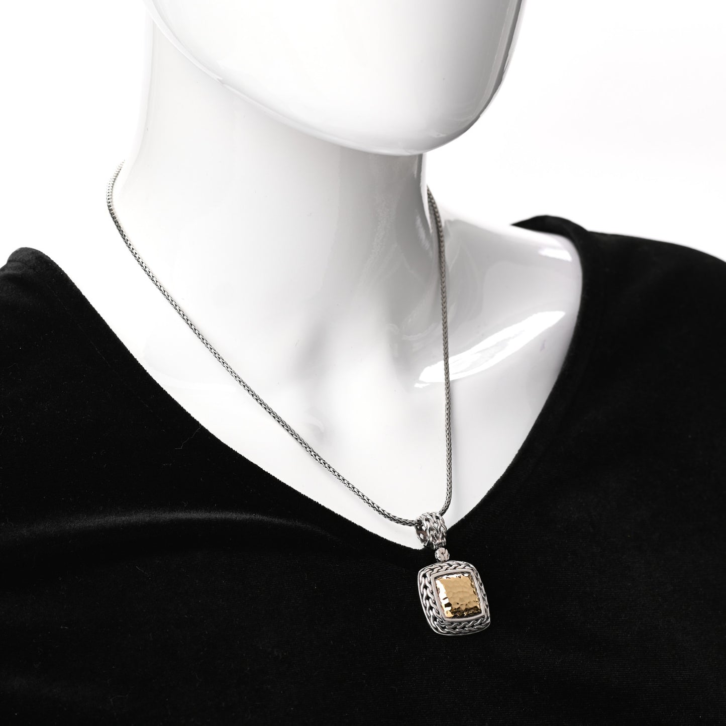 Sterling Silver 22K Yellow Gold Palu Square Hammered Pendant Necklace