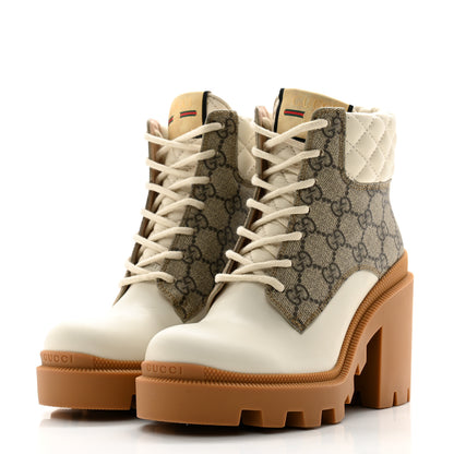 Gucci Calfskin GG Supreme Monogram Nappa Quilted Lace Up Ankle Boots 35 Mystic 35.5 White Beige 3 of 9