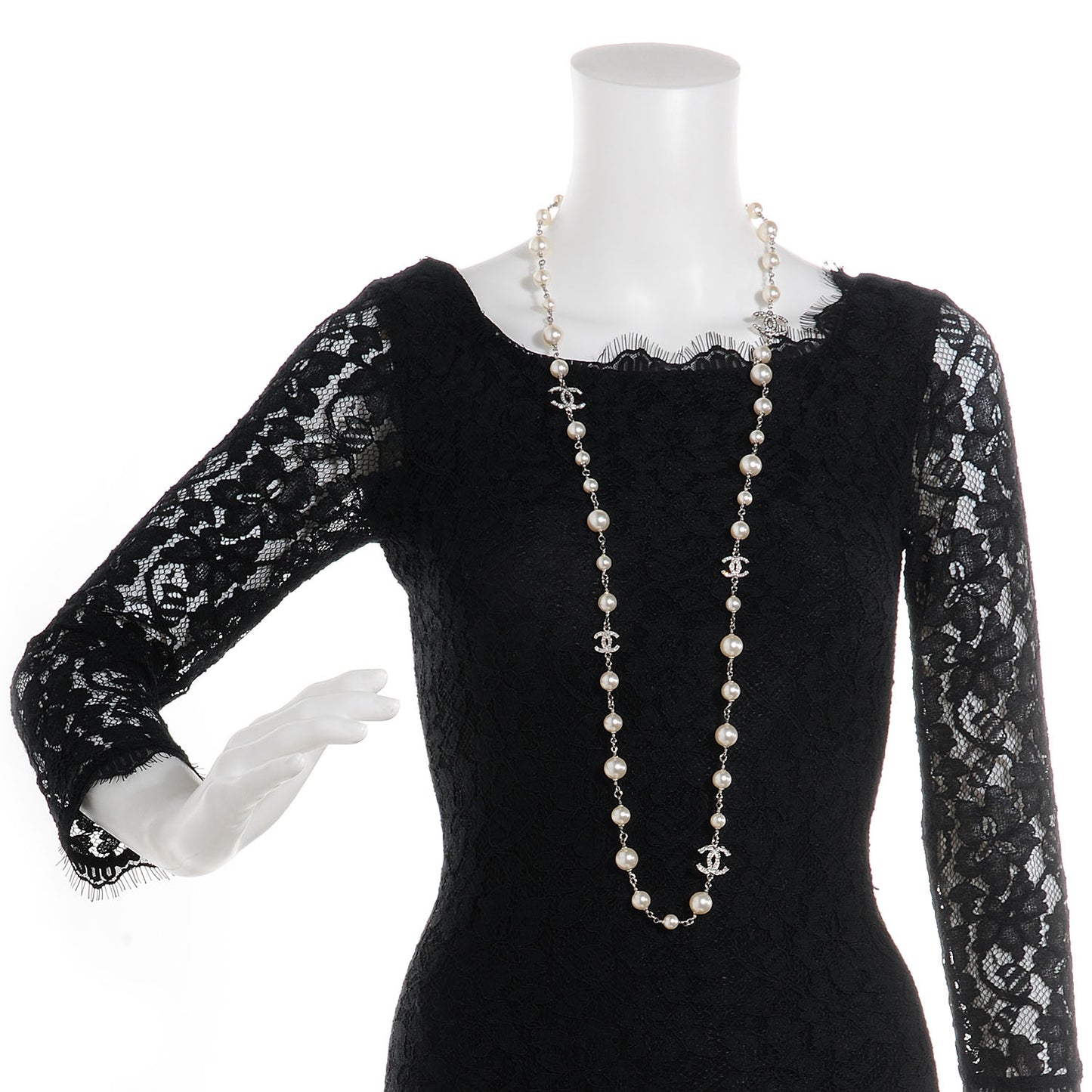 Crystal Pearl CC Long Necklace Silver