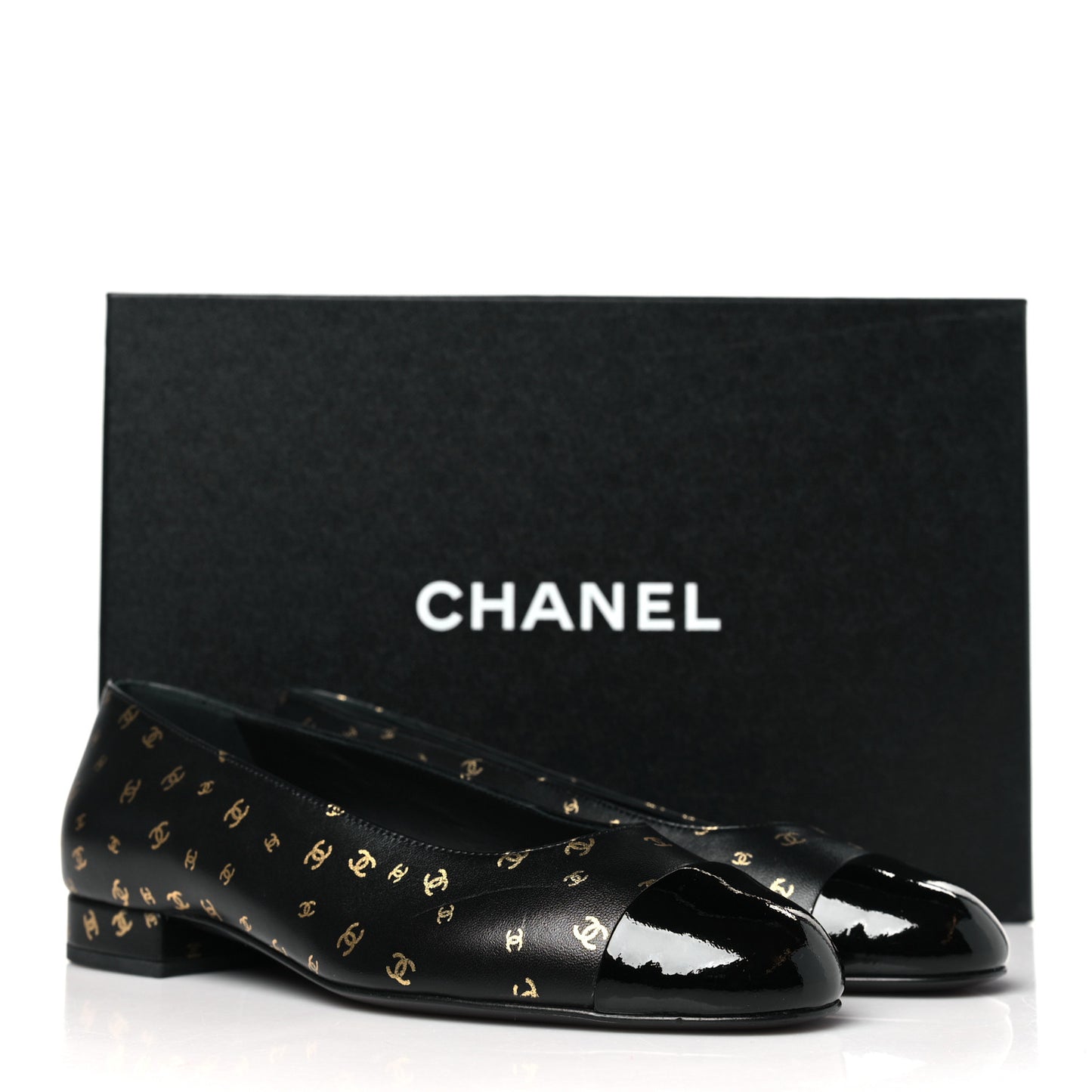 Lambskin Patent Calfskin Printed CC Cap Toe Ballerina Flats 36.5 Black Gold