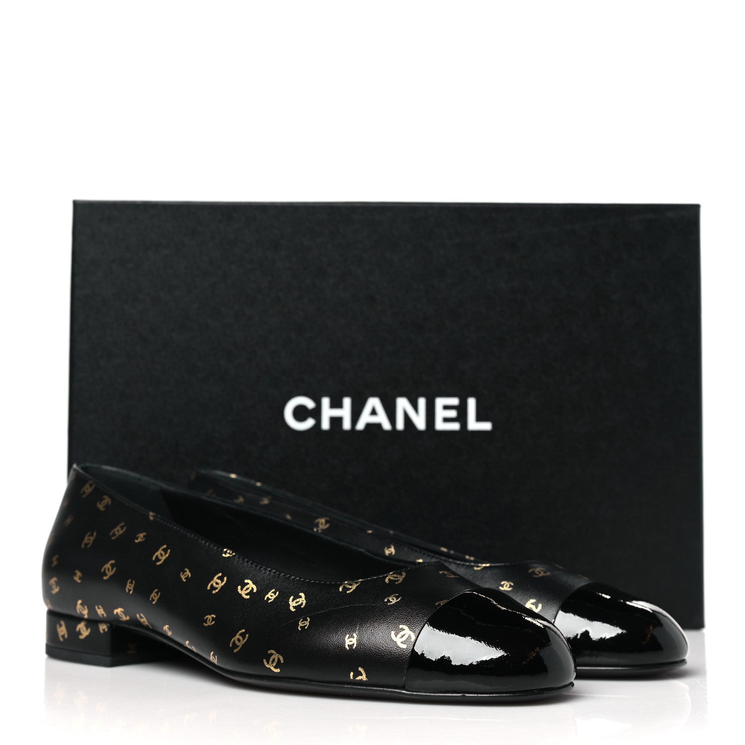 Chanel Lambskin Patent Calfskin Printed CC Cap Toe Ballerina Flats 36.5 Black Gold 9 of 9