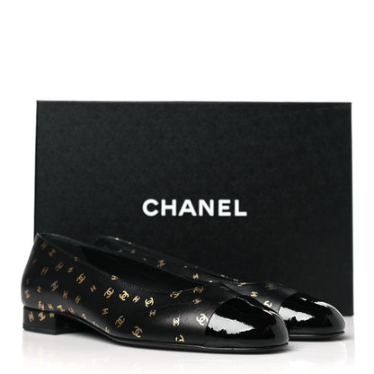 Chanel Lambskin Patent Calfskin Printed CC Cap Toe Ballerina Flats 36.5 Black Gold 9 of 9