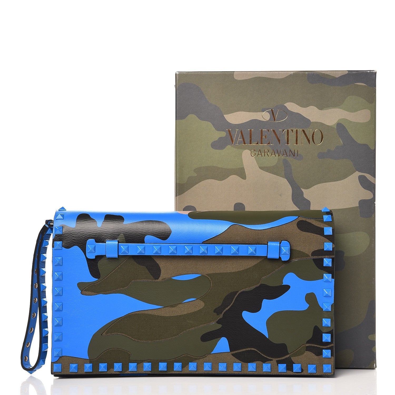 Valentino Garavani Nappa Canvas Camouflage Rockstud Wristlet Clutch Green Blue Fluo 10 of 10