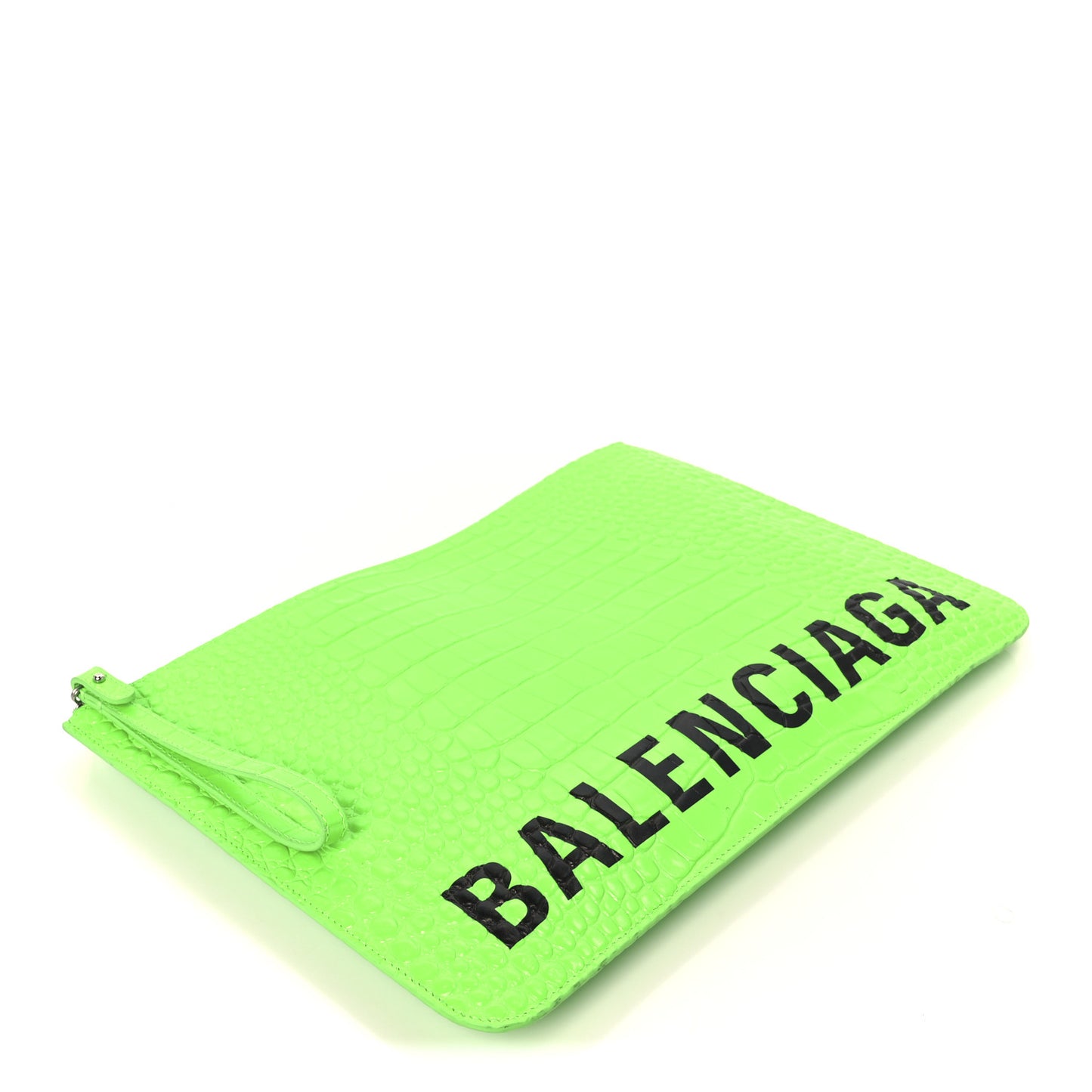 Shiny Calfskin Crocodile Embossed Logo Large Cash Pouch With Handle Fluo Green