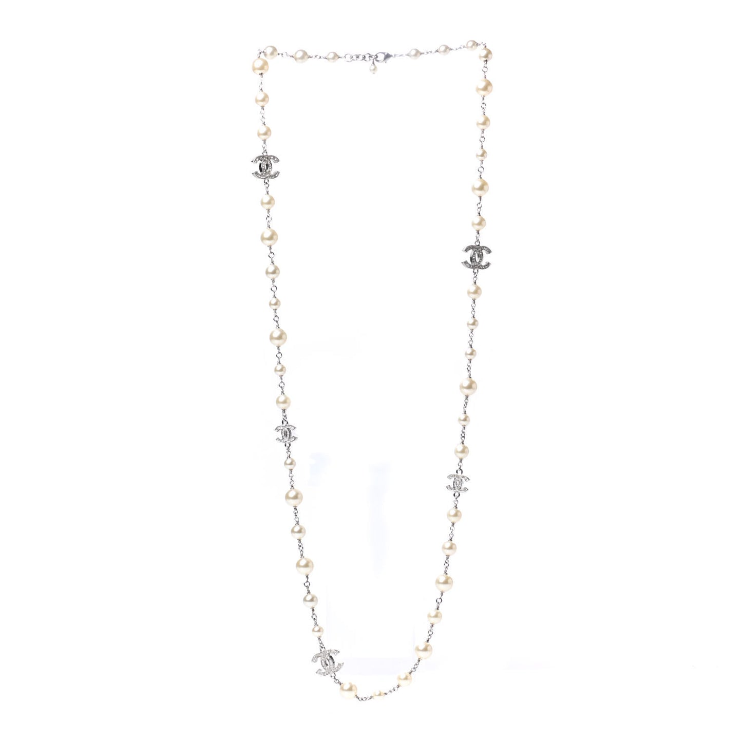 Crystal Pearl CC Long Necklace Silver