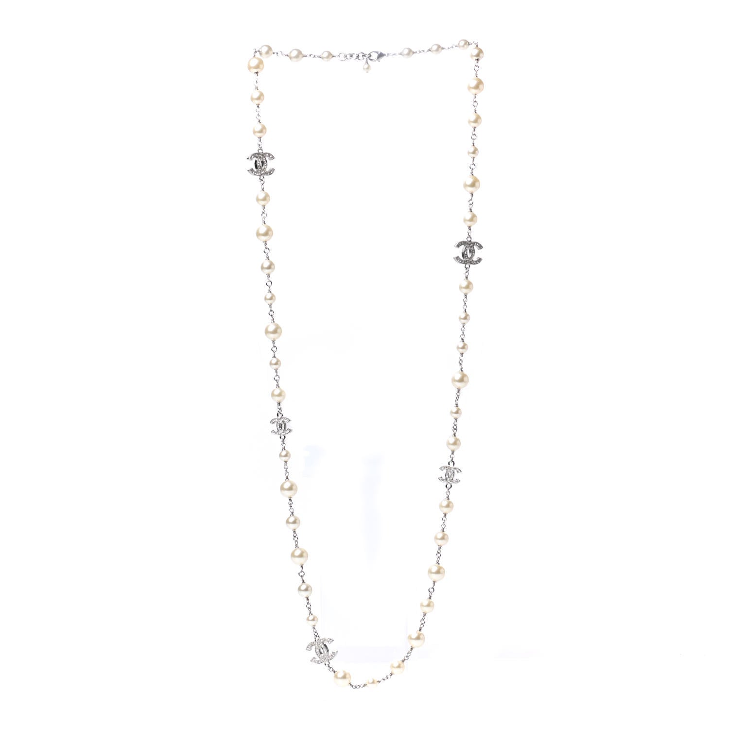 Chanel Crystal Pearl CC Long Necklace Silver 3 of 6