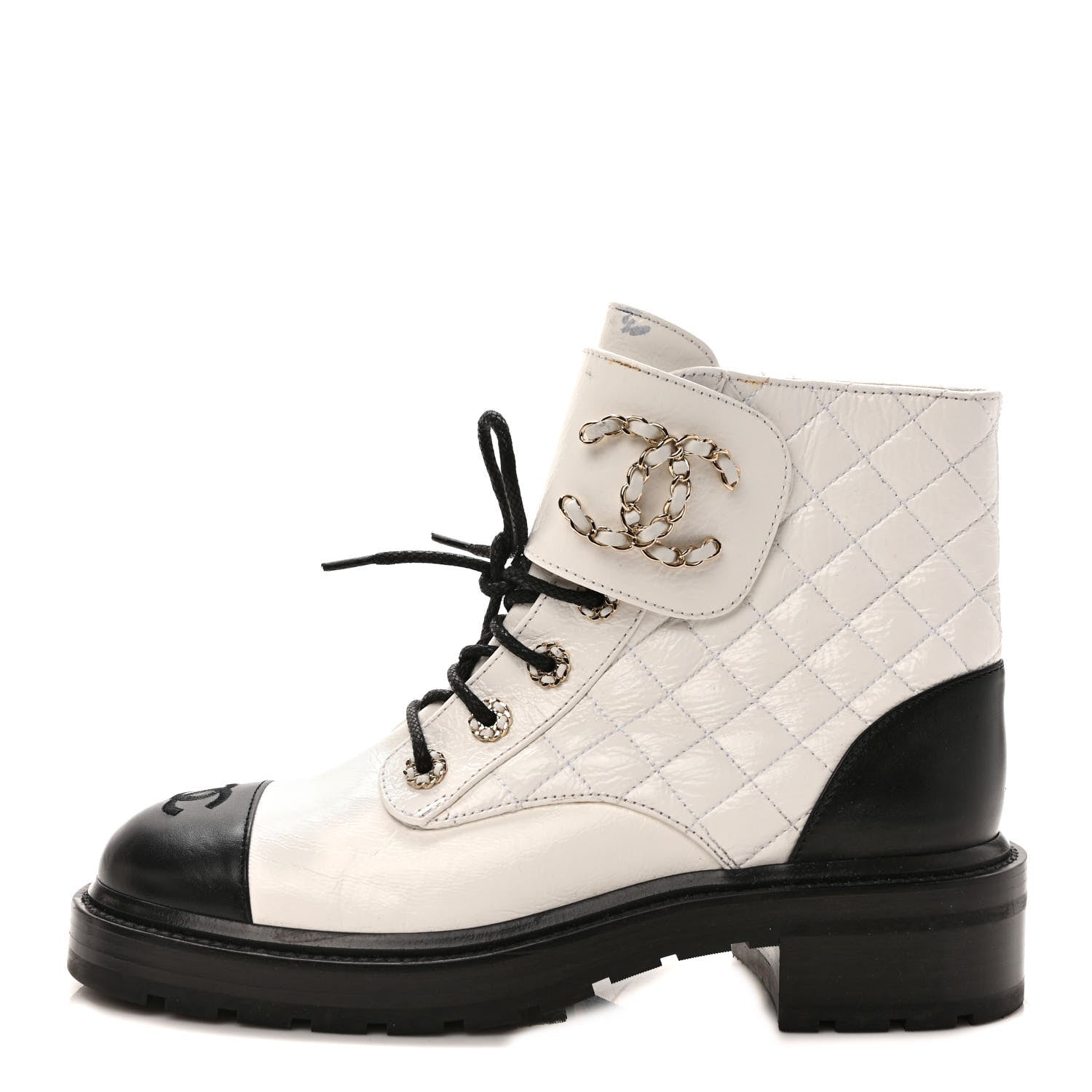 Chanel Shiny Goatskin Calfskin Quilted Lace Up Combat Boots 40 Black White 1 of 10