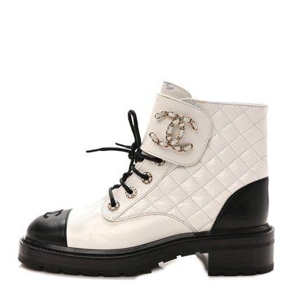 Chanel Shiny Goatskin Calfskin Quilted Lace Up Combat Boots 40 Black White 1 of 10