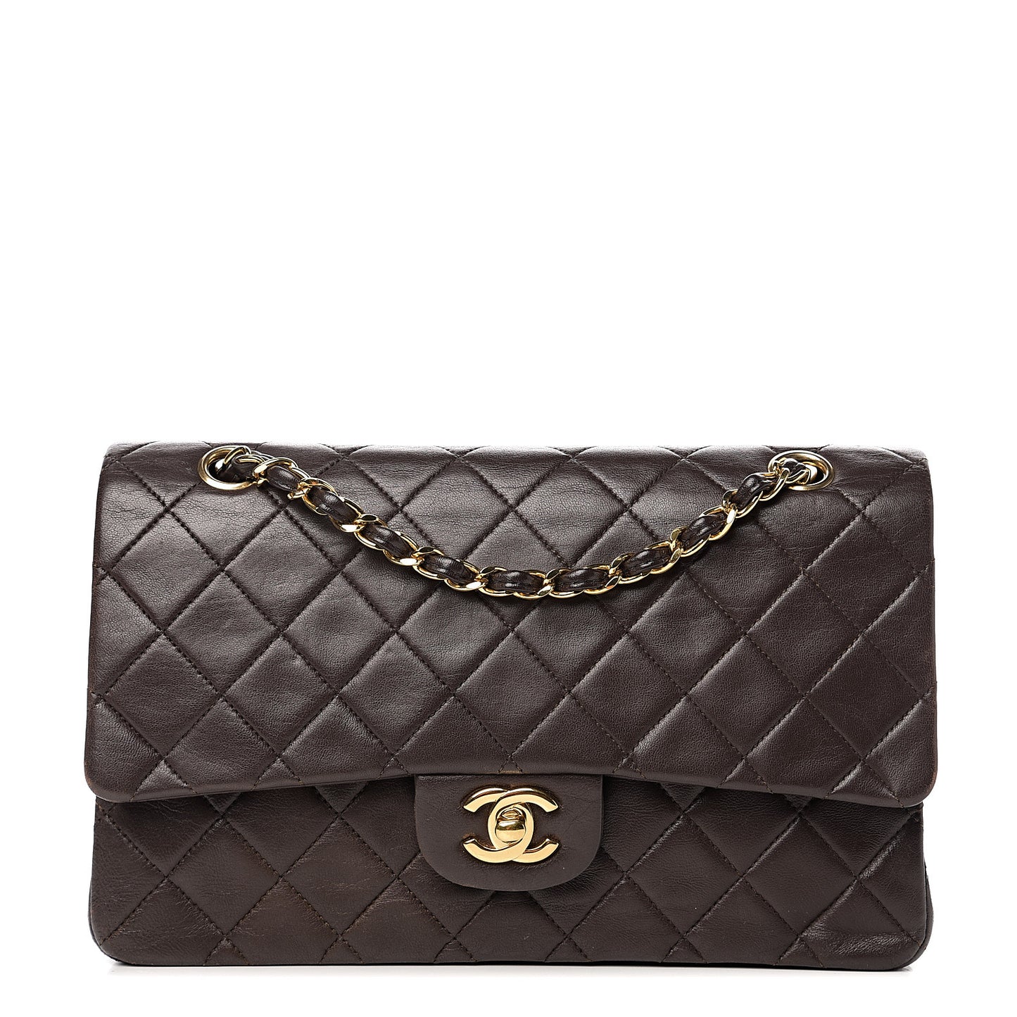 Lambskin Quilted Medium Double Flap Dark Brown