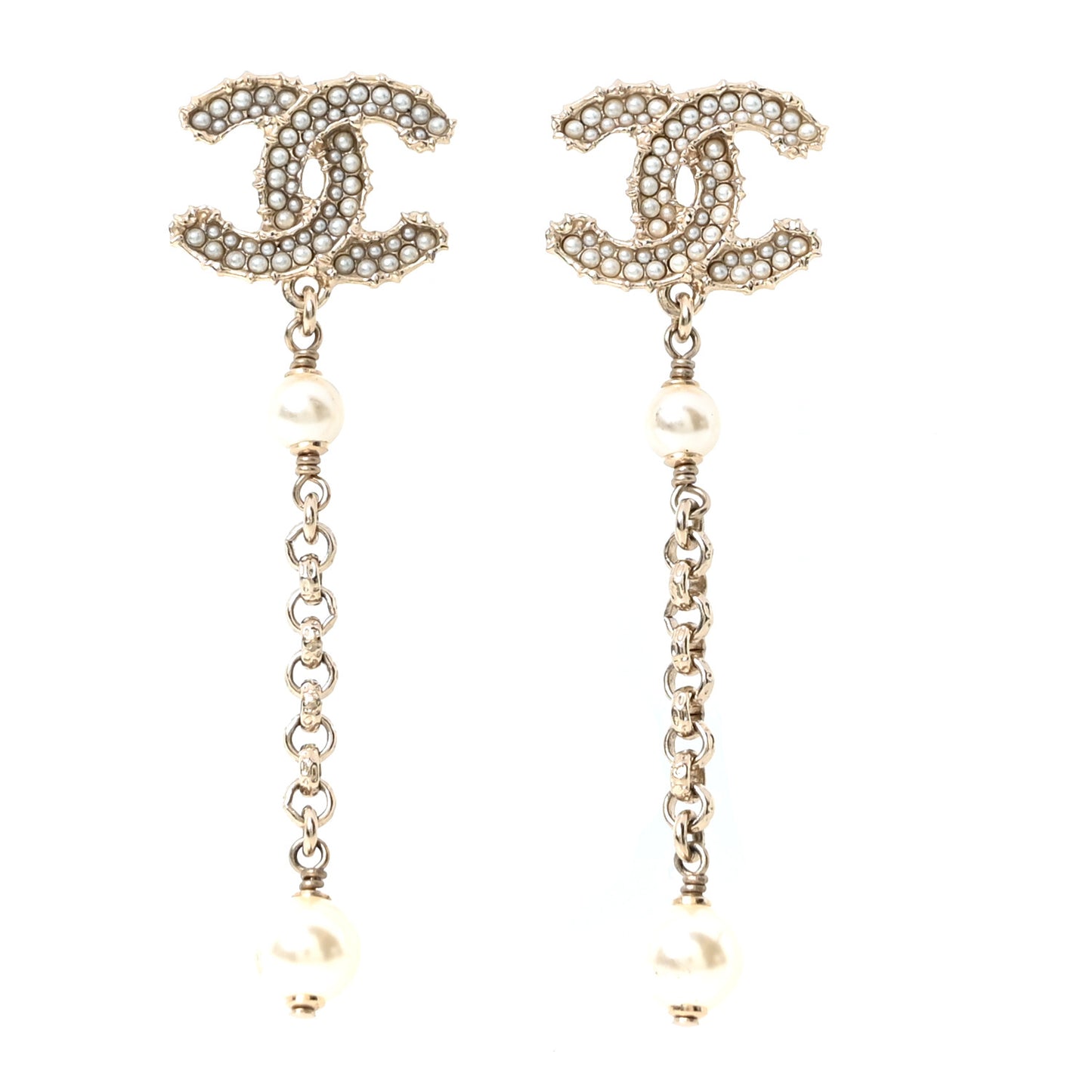 Pearl CC Chain Drop Earrings Gold