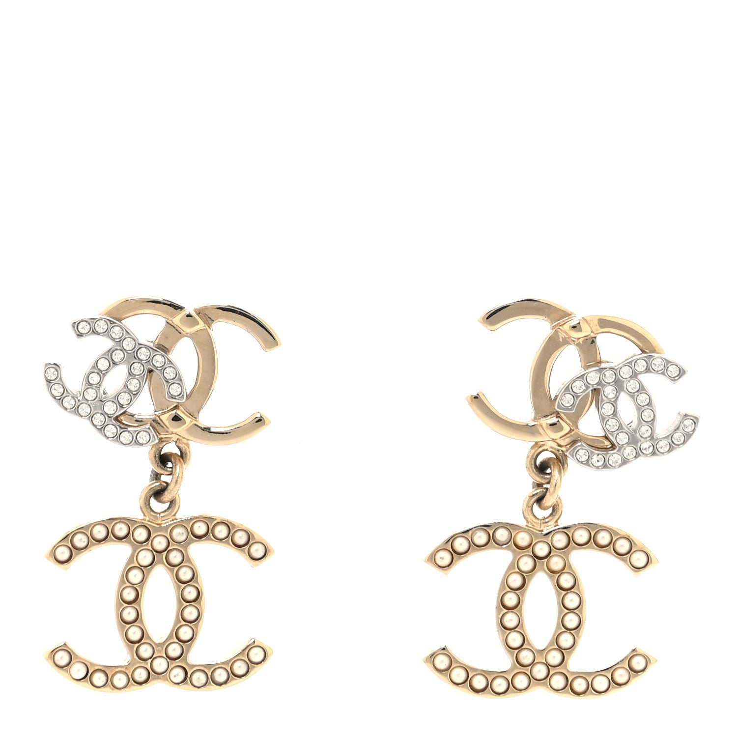 Chanel Crystal Pearl Double CC Drop Earrings Gold Silver 1 of 4