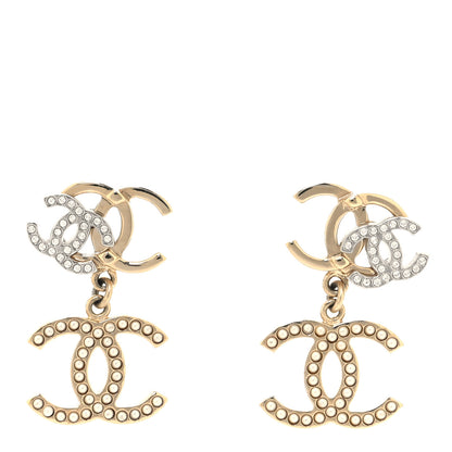 Chanel Crystal Pearl Double CC Drop Earrings Gold Silver 1 of 4