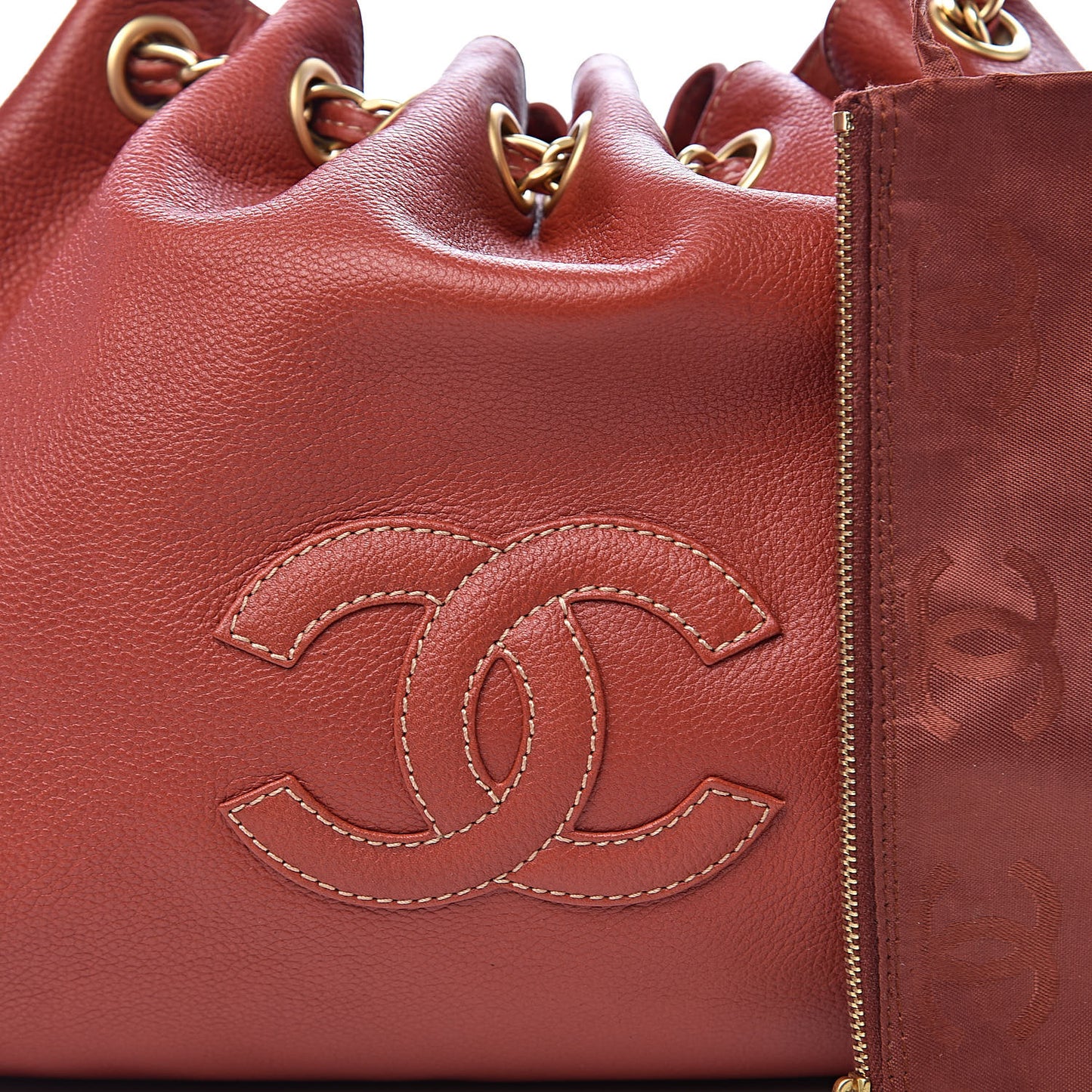 Grained Calfskin CC Drawstring Bucket Bag Red