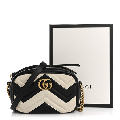 Gucci Calfskin Matelasse Mini GG Marmont Chain Shoulder Bag Black White 14 of 14