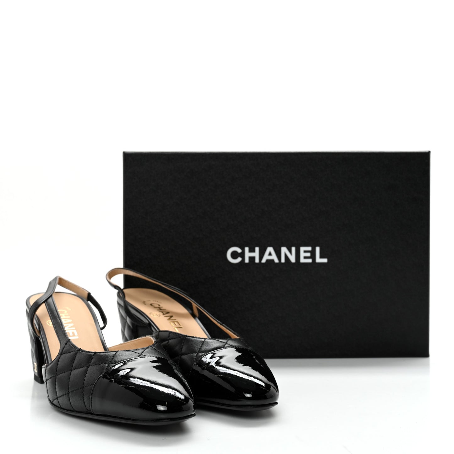 Lambskin Patent Calfskin Quilted Cap Toe CC Slingback Pumps 39.5 Black