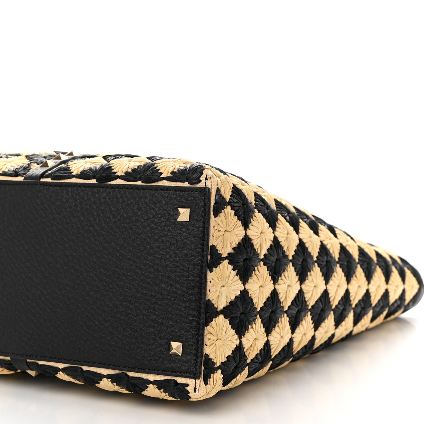 Raffia Embroidered Checkered Calfskin Rockstud Shopping Tote Natural Black