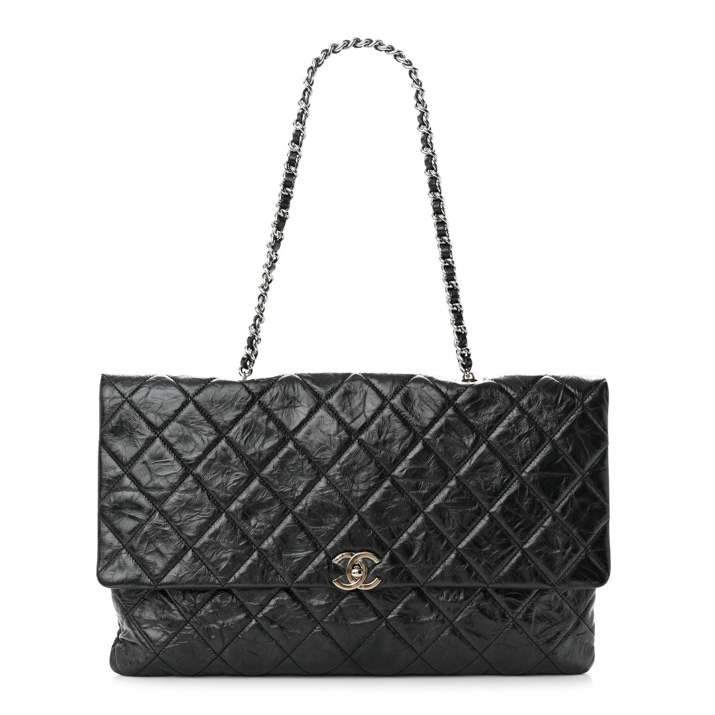 Metallic Crumpled Calfskin Big Bang Large Flap Bag Black