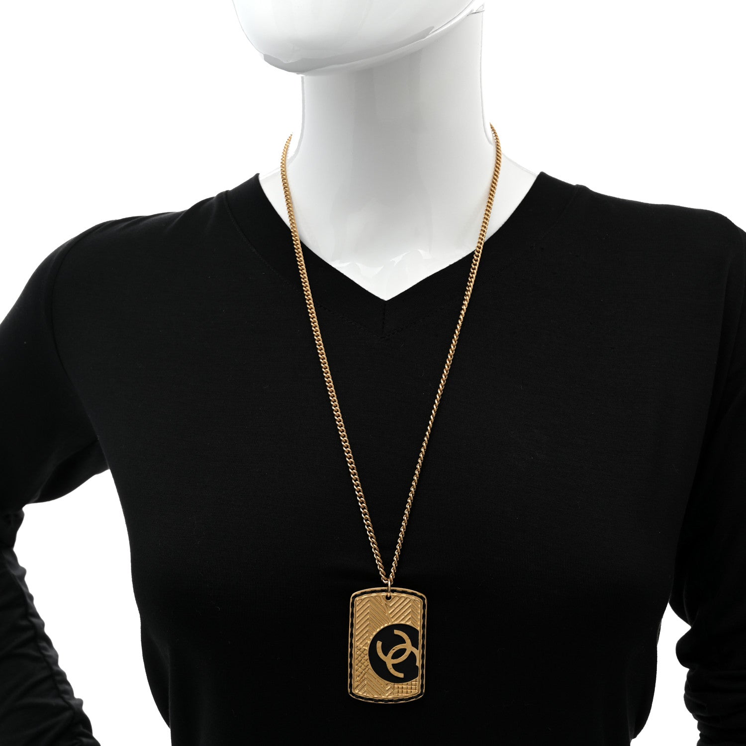 Chanel CC ID Dog Tag Charm Necklace Gold Black 2 of 6