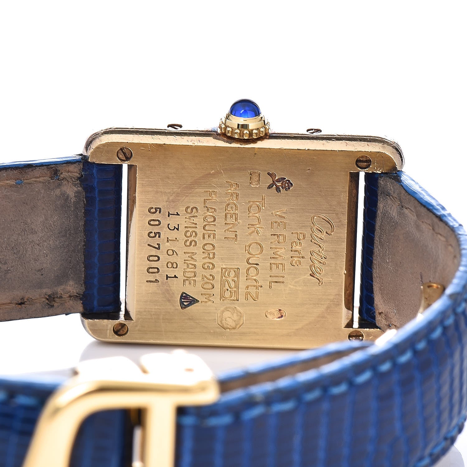 Cartier Sterling Silver Vermeil Lizard 20mm Must de Cartier Tank Quartz Watch Blue 5 of 8