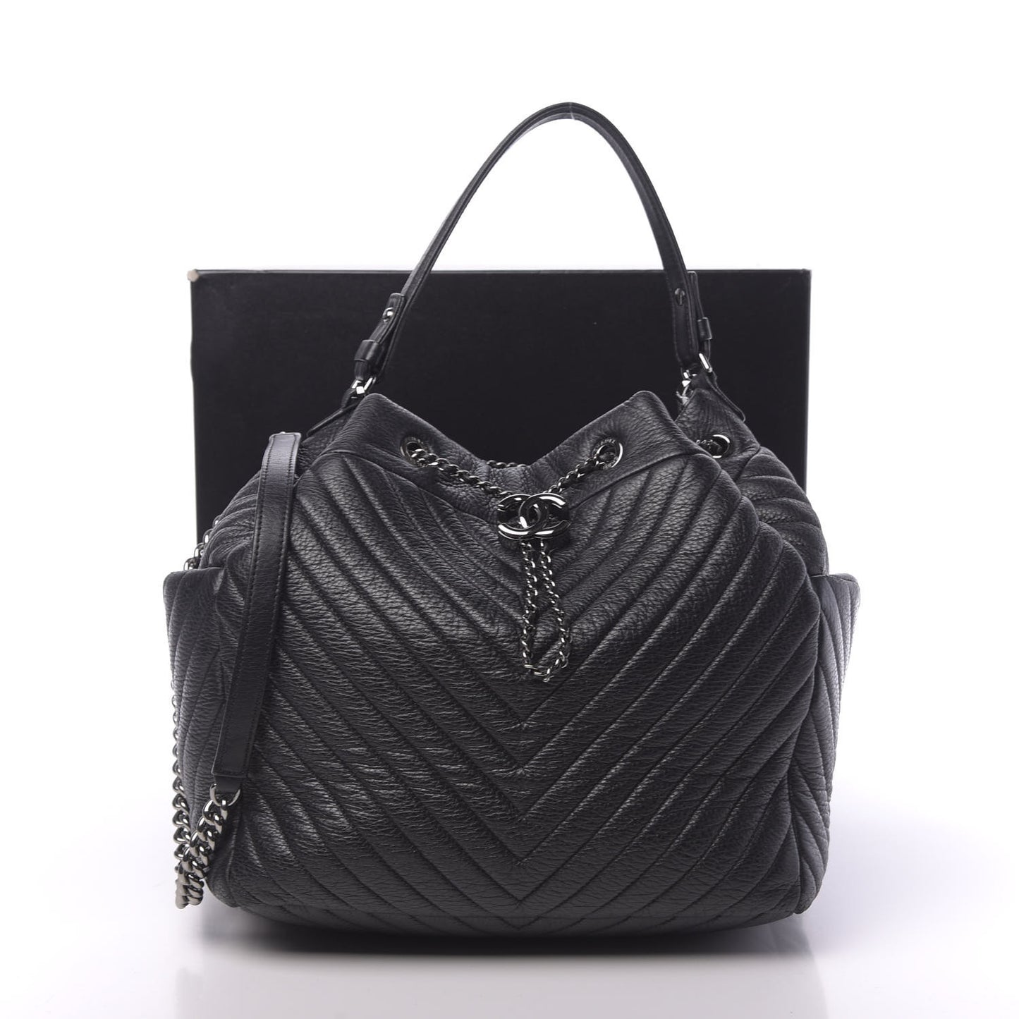 Deerskin Chevron Large CC Chain Bucket Drawstring Bag Black