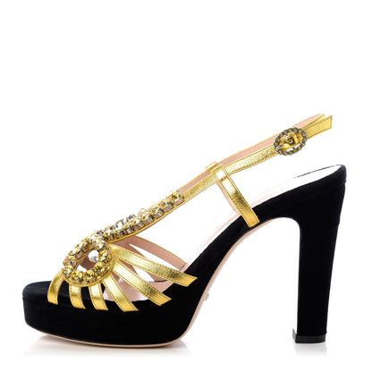 Gucci Velvet Nappa Crystal Zephyra Slingback Platform High Heel Sandals 38.5 Black Gold 1 of 9