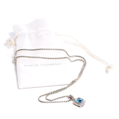 David Yurman Sterling Silver Diamond Blue Topaz 7mm Petite Albion Pendant Necklace 3 of 5
