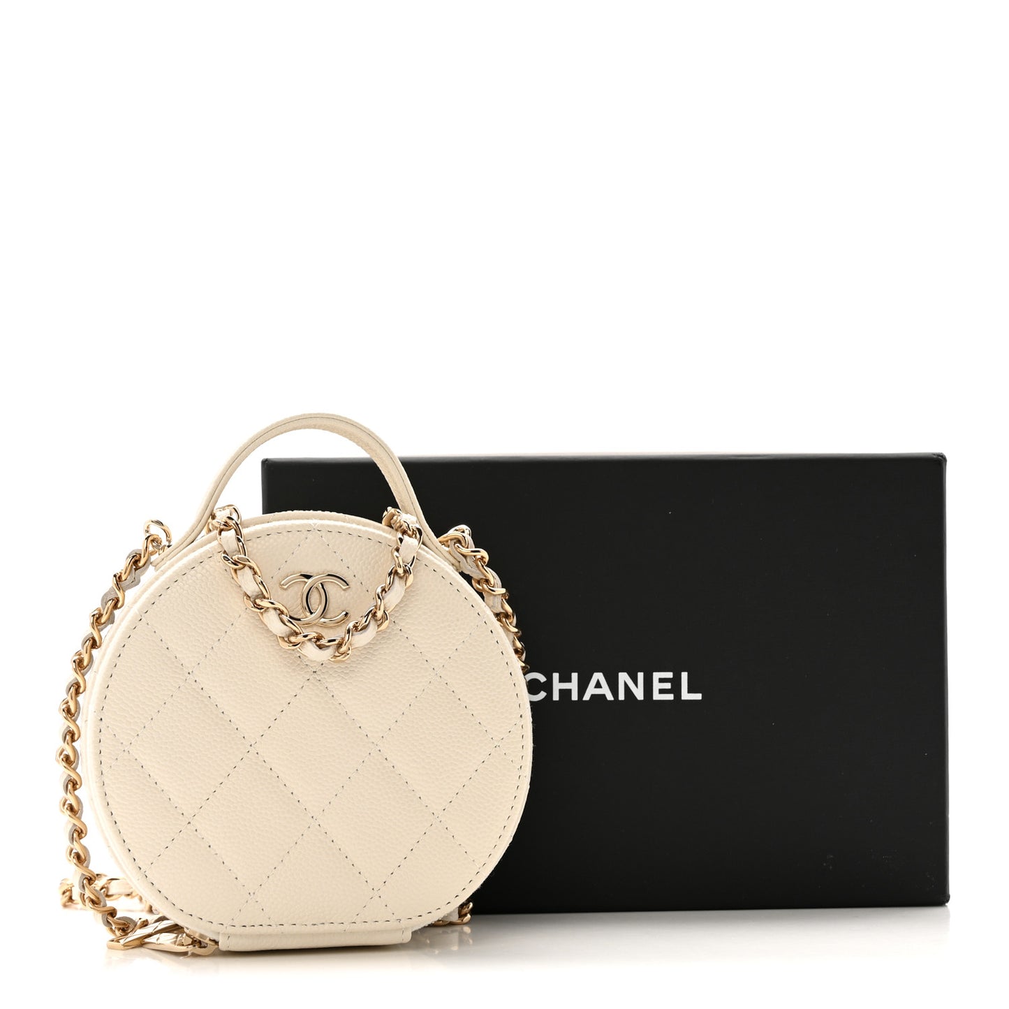 Caviar Quilted Round Handle With Care Vanity With Chain White